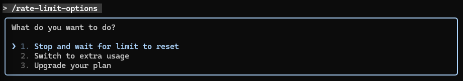 The Claude Rate Limit Options dialog. What do I want to do? Stop and wait or pay for more access?